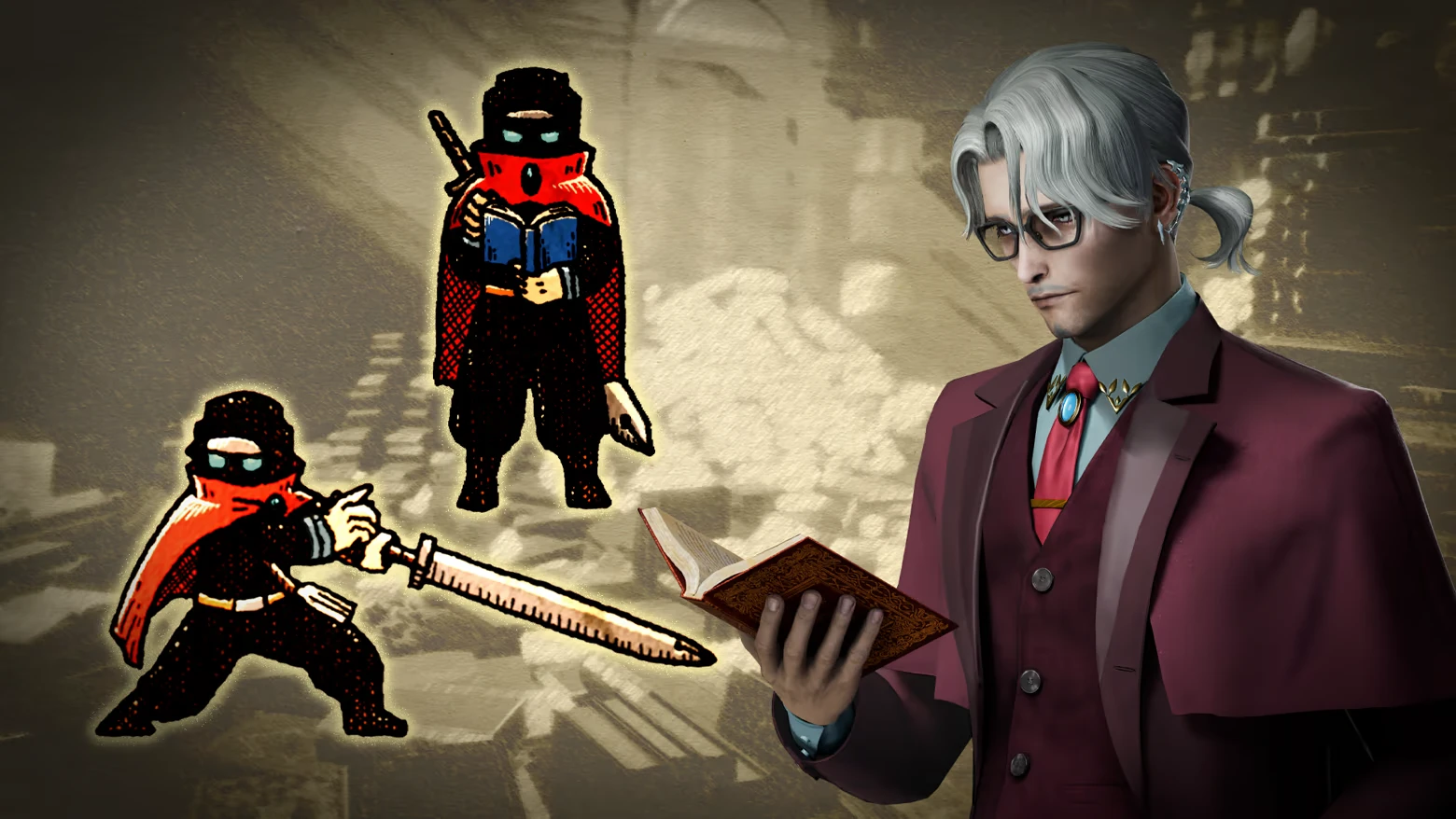 Chronoscript: Silver-haired man in suit reads book beside two masked red-caped figures.