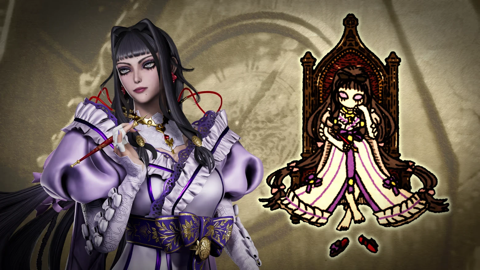 Chronoscript: Woman in purple dress holds pen; pixel art girl sits on ornate throne.