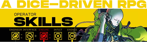 Citizen Sleeper 2: Yellow banner with "A Dice-Driven RPG" and "Operator Skills" text, android art.
