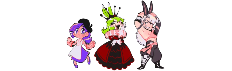 Claire a la Mode: Three colorful characters, one in an apron, one in a red dress, and one with bunny ears.