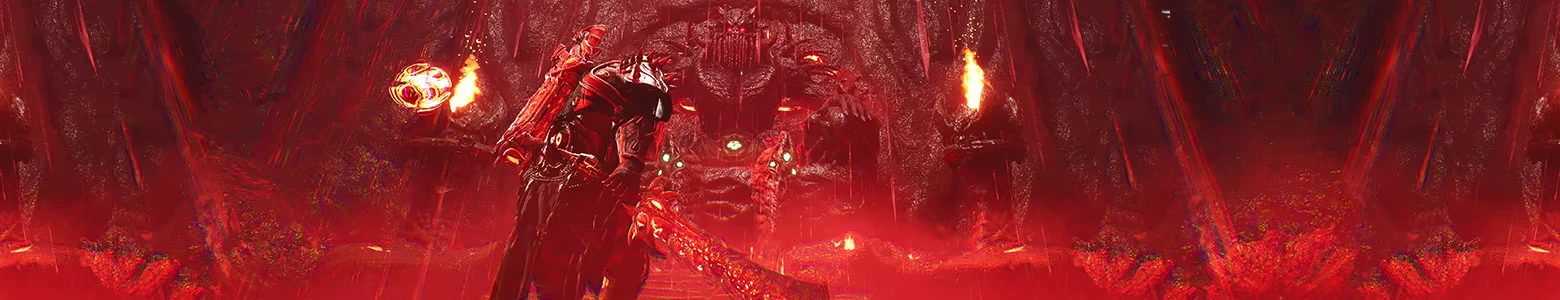 Demon Temple Approach – CLASH CLASH: Armored warrior with huge sword faces giant demon statue in red cavern flames.