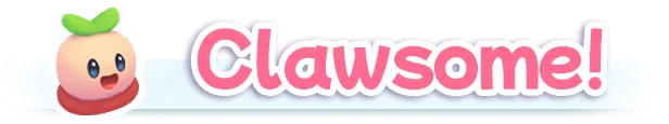 Clawsome: Peach character with green sprout, pink text "Clawsome!" on a white banner.