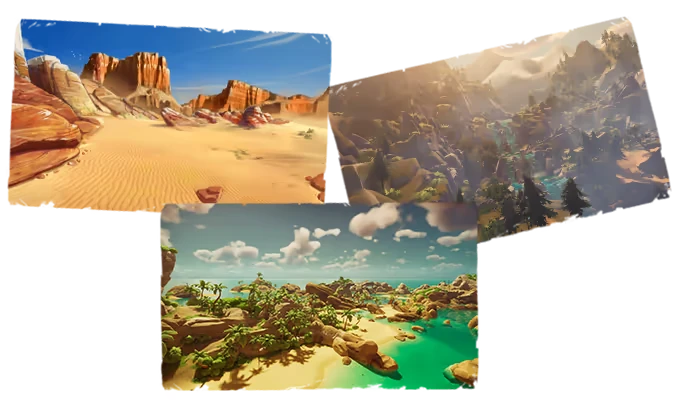 Clean Up Earth: Three landscapes; desert with red cliffs, forested mountains, and tropical beach.