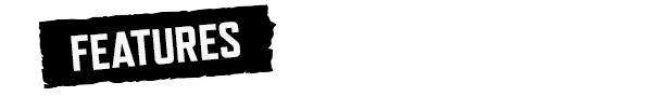 Cleared Hot: Bold white text "FEATURES" on a tilted black rectangle with a jagged edge.
