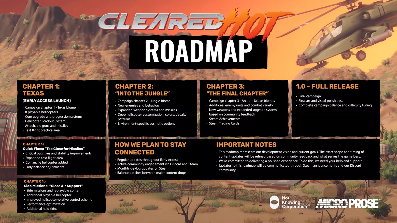 Cleared Hot: Roadmap with chapters, updates, and helicopter image over desert landscape.