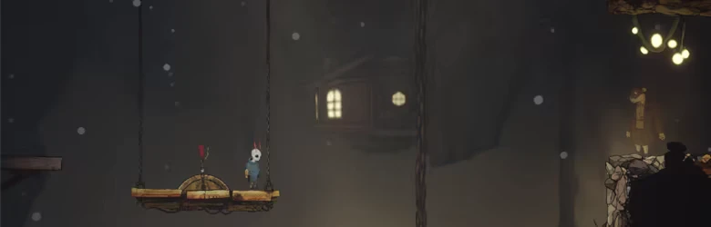 Cliff Kingdom: Skull-faced character on hanging platform, lanterns glowing at right.