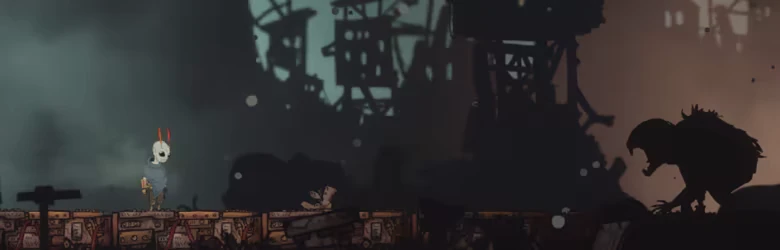 Cliff Kingdom: Masked figure on crates faces a large bird silhouette in foggy ruins.