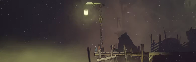 Cliff Kingdom: Small figure on wooden dock under tall glowing lamppost in snowfall.