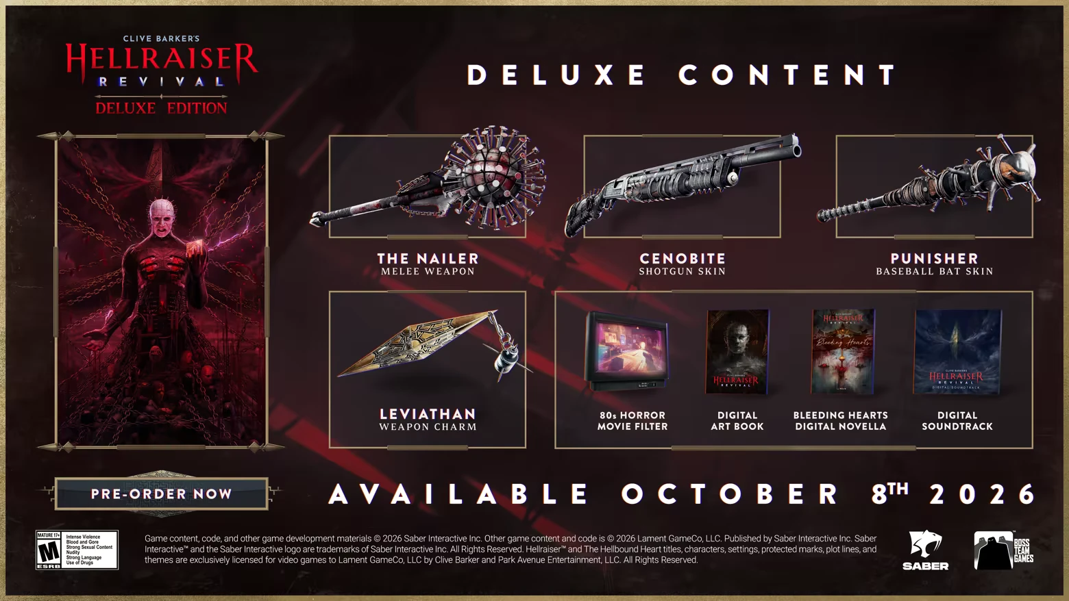 Deluxe Content Items – Clive Barker’s Hellraiser: Revival Clive Barker’s Hellraiser: Deluxe content lineup with weapons, books, soundtrack, date text.