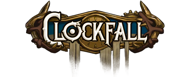 Clockfall: White serif logo over gold clockwork plaque with horns and hanging spikes.