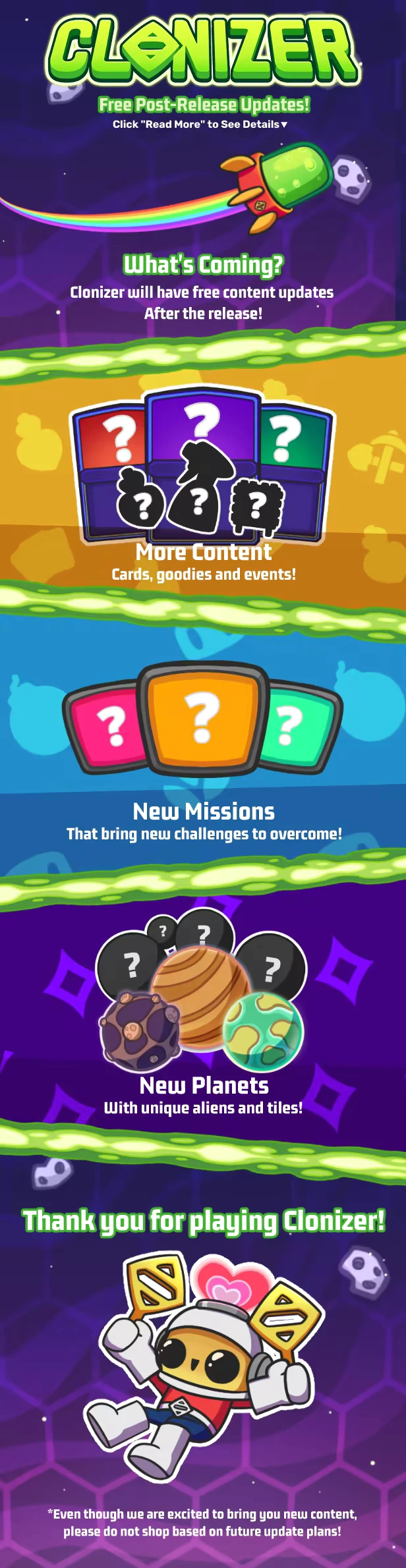 Clonizer: Bright text announces free updates, new missions, planets, and content with cute graphics.