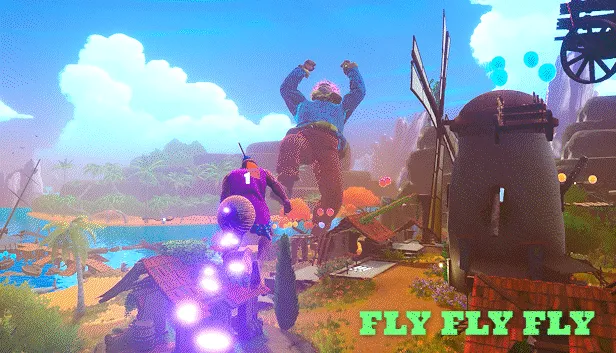 CLOWNOUT: A clown jumps near a windmill, with "FLY FLY FLY" text in green at the bottom.