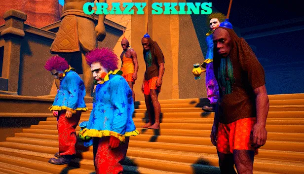 CLOWNOUT: Clowns and humans in colorful outfits stand on stairs. Text reads "CRAZY SKINS" in bold.
