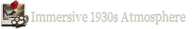 Cohen 1939: White serif text “Immersive 1930s Atmosphere” with photo and brass knuckles icon.