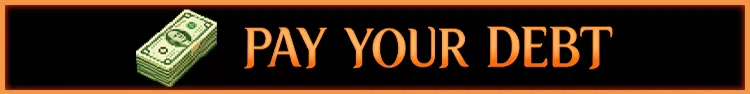 CoinPit: Banner with cash stack icon and orange text “PAY YOUR DEBT” on black.