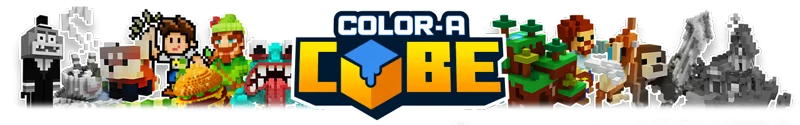 Color-A-Cube: Voxel characters, a burger, and trees surround the bold "COLOR-A-CUBE" logo.