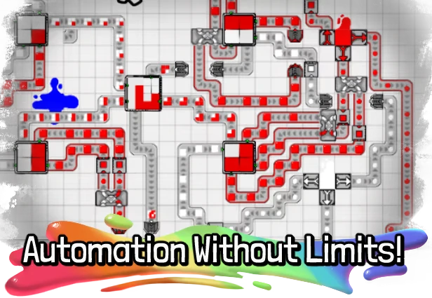 Color Factory: Grid with red conveyor belts, paint splatters, and text "Automation Without Limits!"