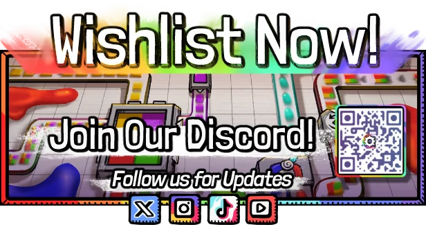 Color Factory: "Wishlist Now!" text with colorful factory background, QR code, and social icons.