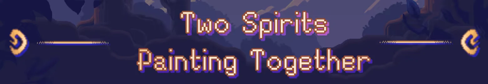 Colorami: Pixel art text "Two Spirits Painting Together" with decorative symbols on a dark backdrop.