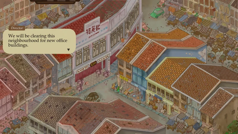 Neighborhood Clearing – Compensation Not Guaranteed Compensation Not Guaranteed: Overhead view of a bustling neighborhood with a dialogue box stating, "We will be clearing this neighbourhood for new office buildings."