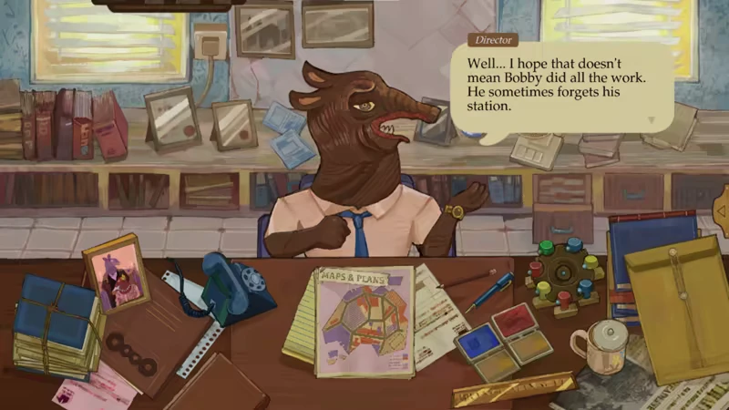 Office Discussion – Compensation Not Guaranteed Compensation Not Guaranteed: Anthropomorphic boar in office, text bubble reads about Bobby's work.
