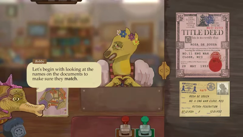 Title Deed Verification – Compensation Not Guaranteed Compensation Not Guaranteed: Two animal characters discuss documents; a title deed and ID card visible.