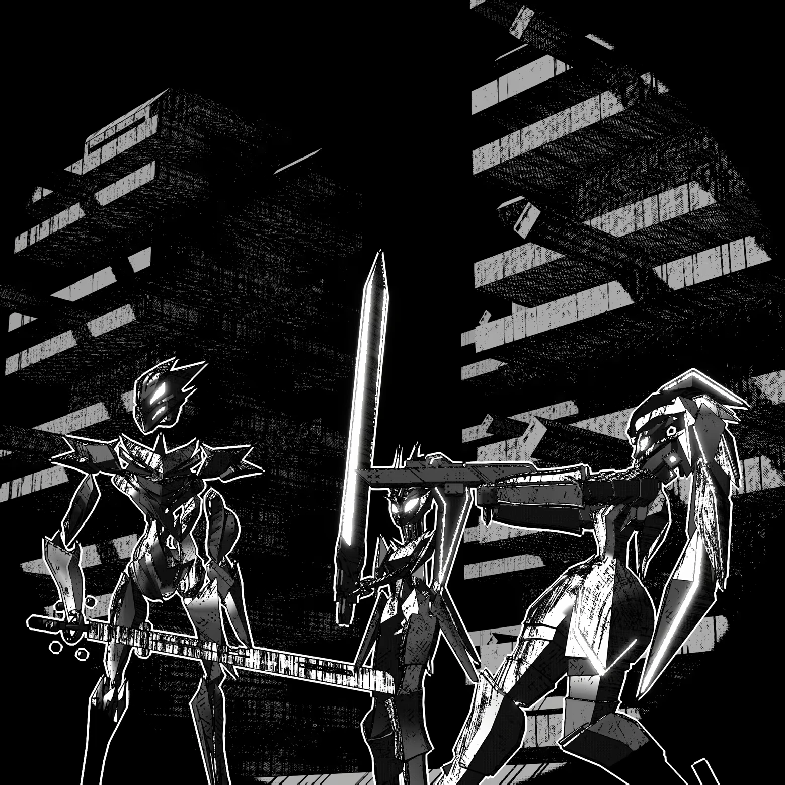 Cyber Samurai Trio – Complexia, A Ballet of Blades Complexia, A Ballet of Blades: Three armored fighters with swords in a dark cityscape.