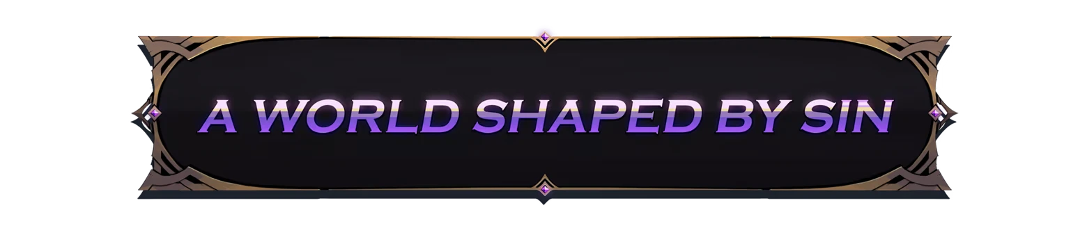 Conquest Tactics: Text reads "A World Shaped by Sin" in bold, purple gradient on a dark banner.