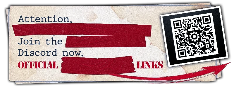 CONTAMINANT: A note with redacted text, "Join the Discord now," and a QR code on the right.