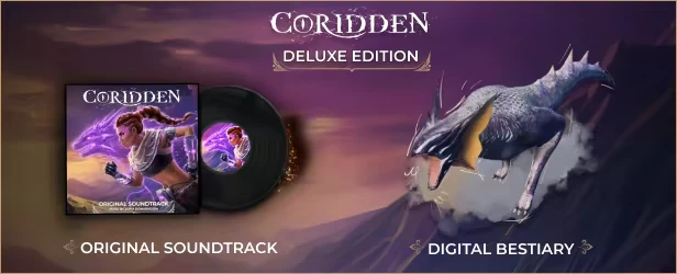 Coridden: Deluxe Edition cover with a fierce character, vinyl, and a mythical creature.