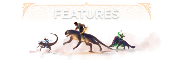 Coridden: "FEATURES" text with ornate orange design; three riders on beasts in motion below.