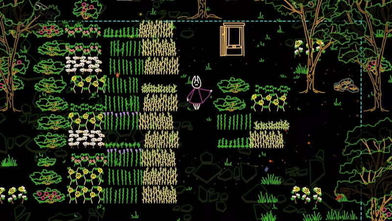 Cosmic Construct: A character in a purple cloak stands in a colorful garden with trees and crops.
