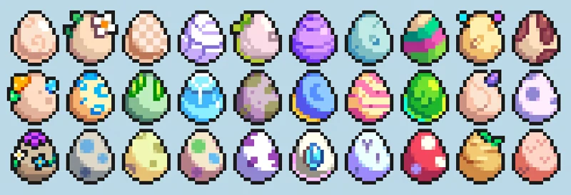 Cosmic Coop: A grid of colorful, pixelated eggs with various patterns and decorations.