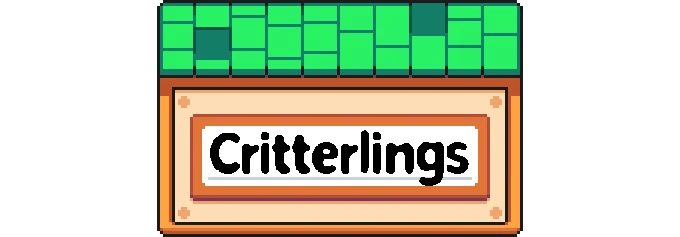 Cosmic Coop: Pixelated sign with "Critterlings" text, green tiled roof, wooden frame.