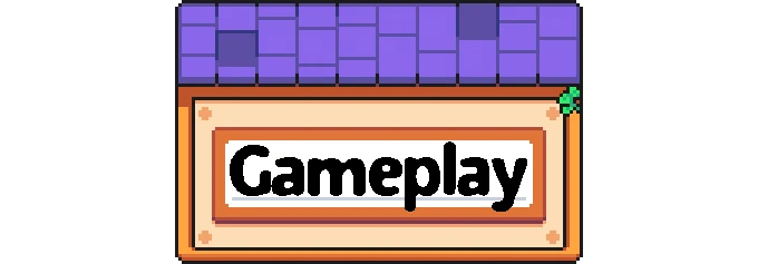 Cosmic Coop: Pixelated sign with "Gameplay" text, purple roof, and small green leaf detail.