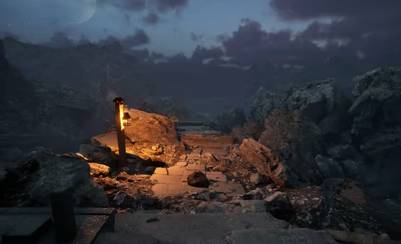 Lantern Ruins Path – Cosmic Fear Cosmic Fear: Lantern on a post lights broken stone steps in a rocky ravine at night.