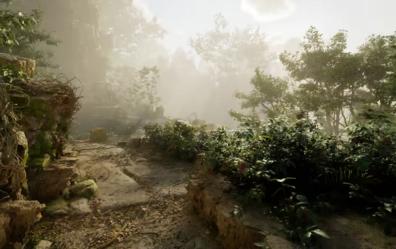 Misty Jungle Path – Cosmic Fear Cosmic Fear: Foggy jungle path with cracked stone, vines, and dense green shrubs.