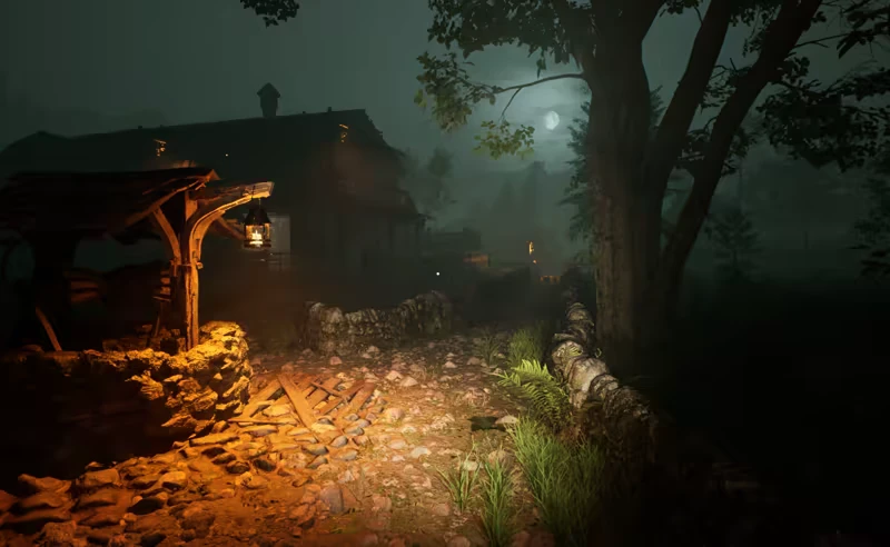 Moonlit Stone Path – Cosmic Fear Cosmic Fear: Foggy moonlit path by stone wall, lantern glow near dark house.