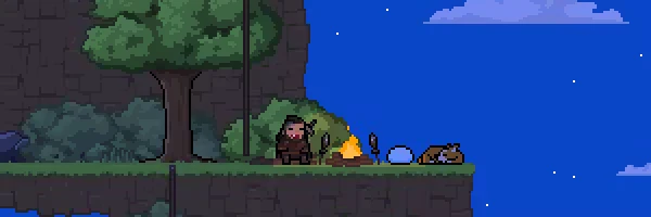 Campfire Night Scene – Country Slime Country Slime: Pixel camper by campfire with blue slime and sleeping bear at night.