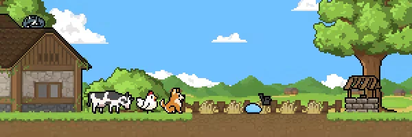Farm Animals Field – Country Slime Country Slime: Pixel farm with cow, chicken, dog, blue slime, barn and well tree.