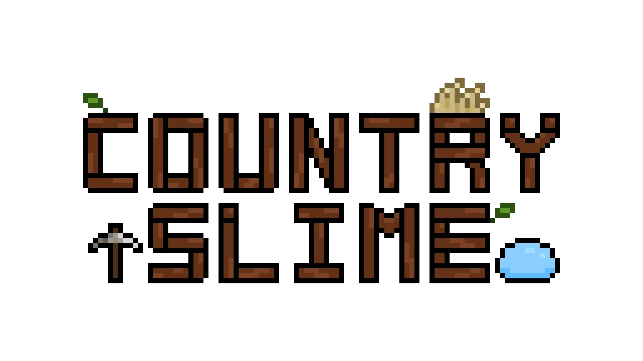 Title Logo – Country Slime Country Slime: Pixel title “COUNTRY SLIME” in brown blocks with pickaxe and blue slime.