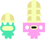 Cow Chess: Two pixel characters, teal and pink, with tall yellow chess pieces on heads.