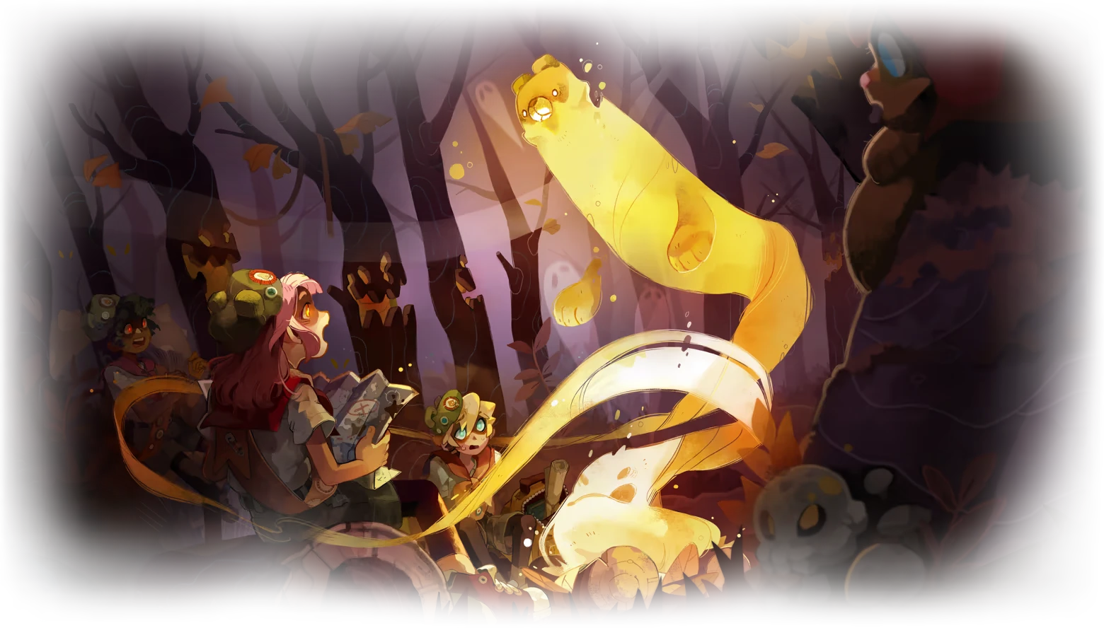 Cozy Grove: Glowing yellow ghost bear floats above campers by a campfire in dark woods.