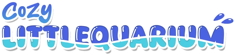 Cozy Littlequarium: Logo with playful blue and teal letters, water droplets accenting text.