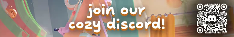 Cozy Marbles: Text reads "join our cozy discord!" with a QR code, colorful tubes in the background.