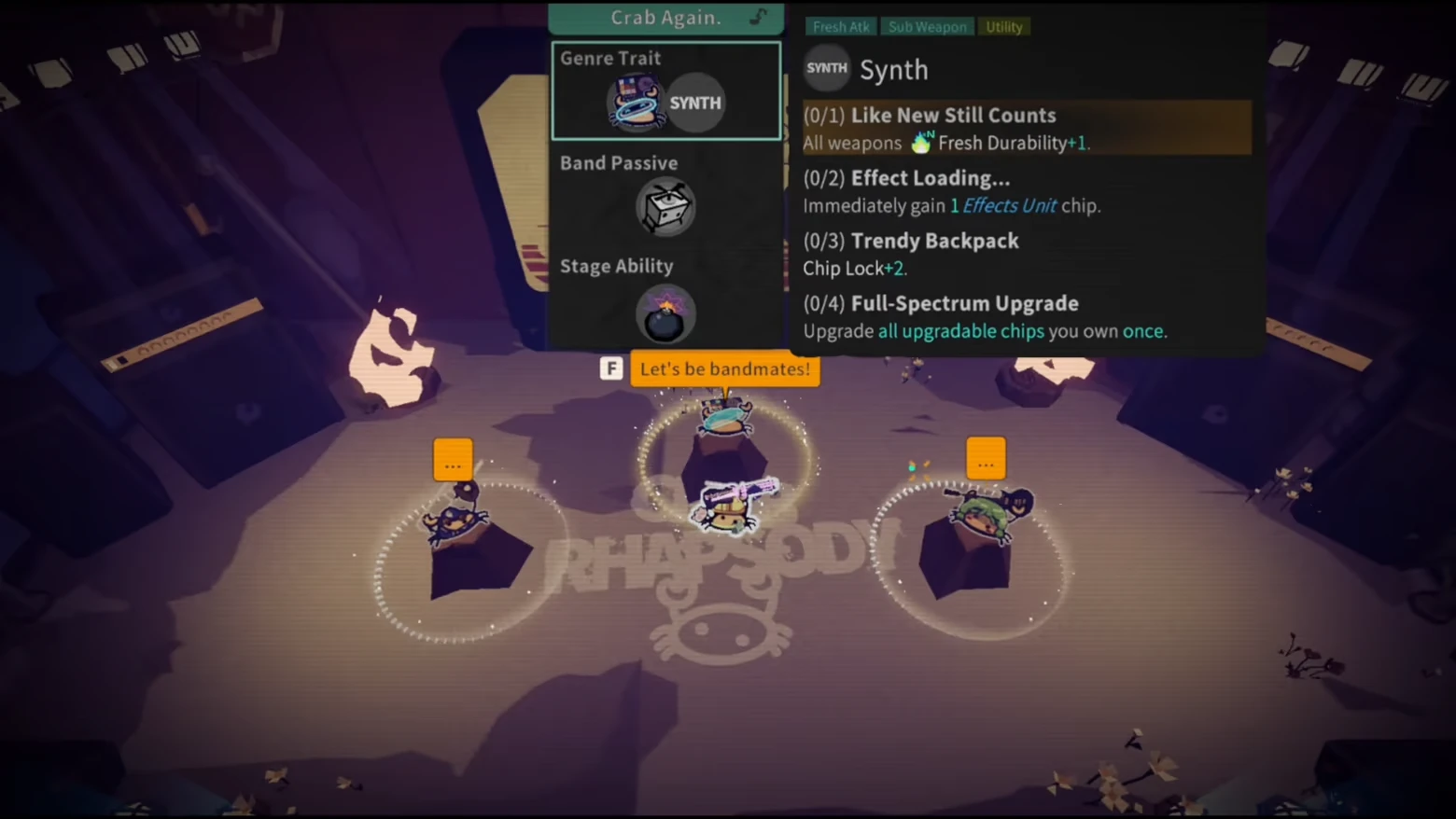 Genre Trait Menu – Crab Rhapsody Crab Rhapsody: Synth menu overlay above three crabs; prompt says “Let’s be bandmates!”.
