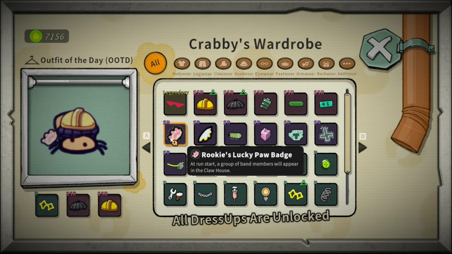 Wardrobe Inventory Grid – Crab Rhapsody Crab Rhapsody: Crabby's Wardrobe menu with crab avatar, item grid, and tooltip text.