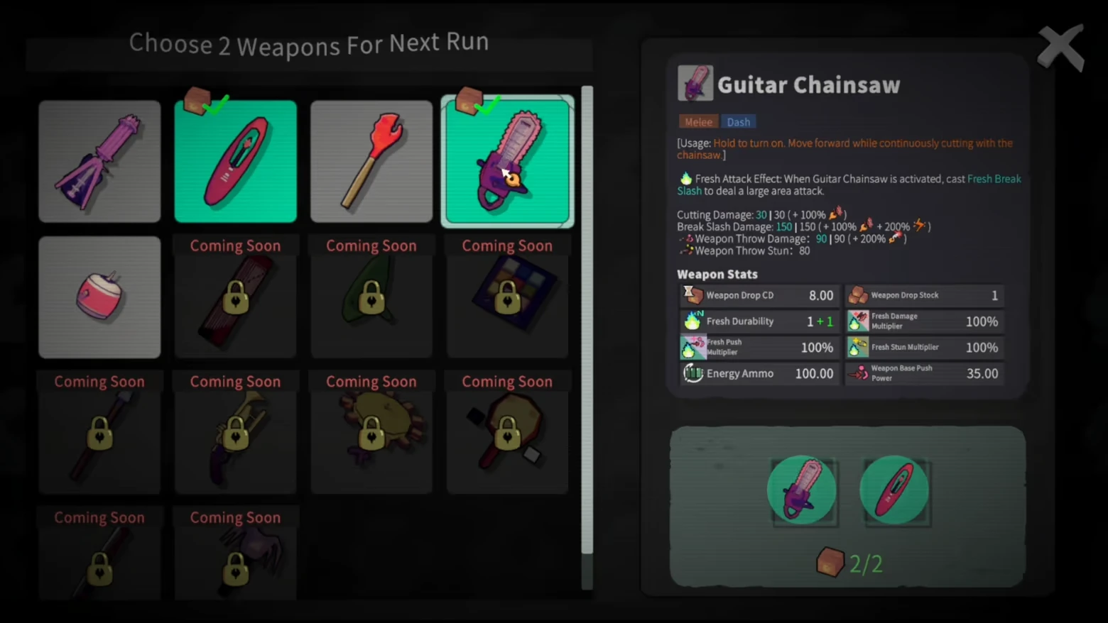 Weapon Selection Menu – Crab Rhapsody Crab Rhapsody: Weapon select UI with Guitar Chainsaw stats panel and Coming Soon locks.
