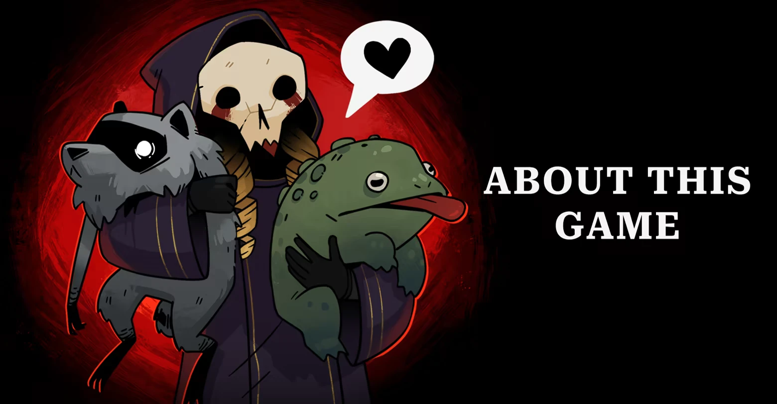 Creepy Horrors: Skull-faced hooded figure holding cat and frog, text ABOUT THIS GAME.