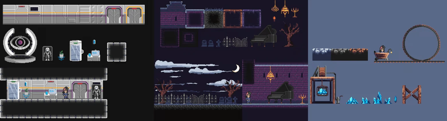 Asset Sheet – Crewcial Crewcial: Pixel art tileset with sci-fi rooms, haunted castle pieces, minecart, crystals.